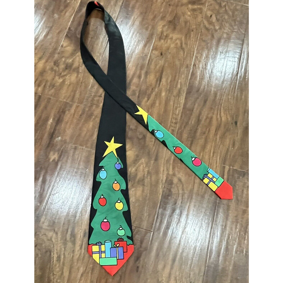 Vintage Christmas Necktie Black Christmas Tree big star - Picture 1 of 5